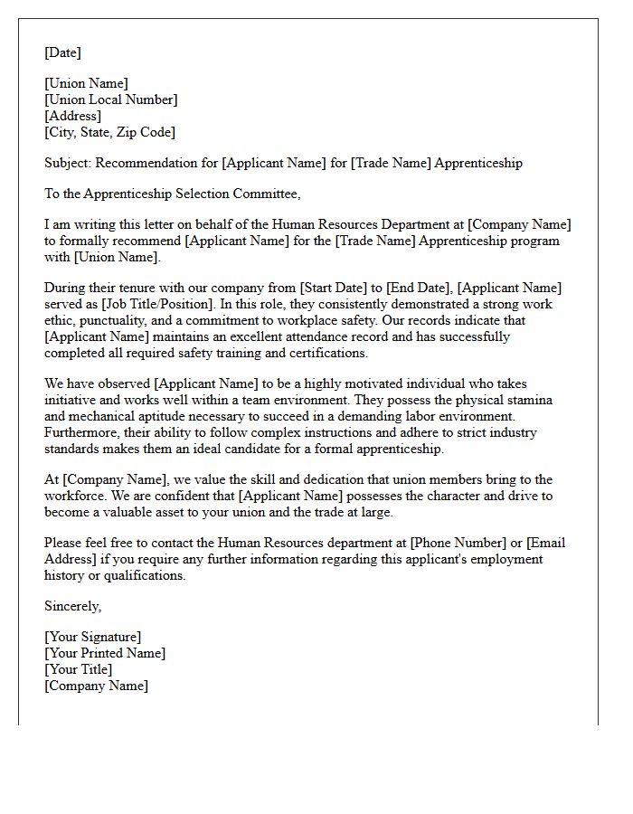 Human Resources Recommendation Letter for Union Apprenticeship