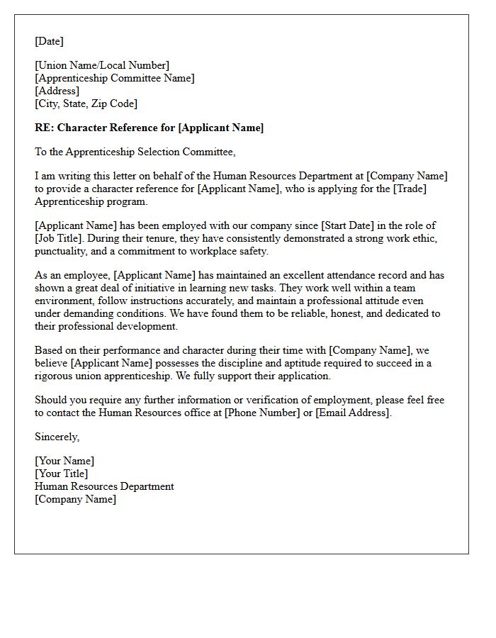 Union Apprenticeship Character Reference Letter from Human Resources