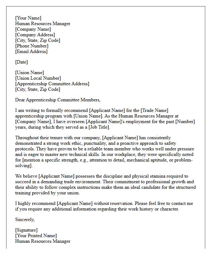 Human Resources Manager Recommendation Letter for Trade Union Apprenticeship