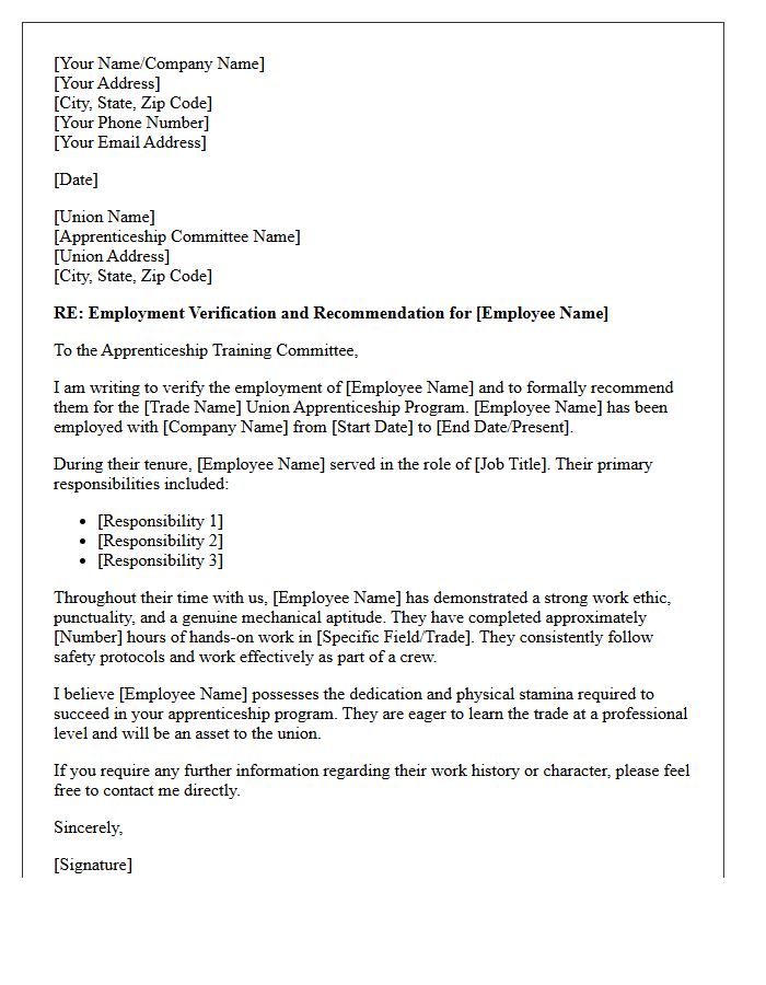 Employment Verification and Recommendation Letter for Union Apprenticeship