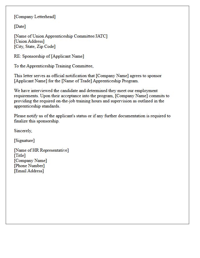 Union Apprenticeship Sponsorship Letter from Human Resources Department