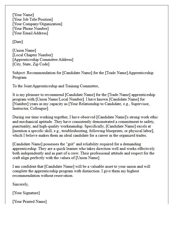 Professional Recommendation Letter for Union Apprenticeship Candidate