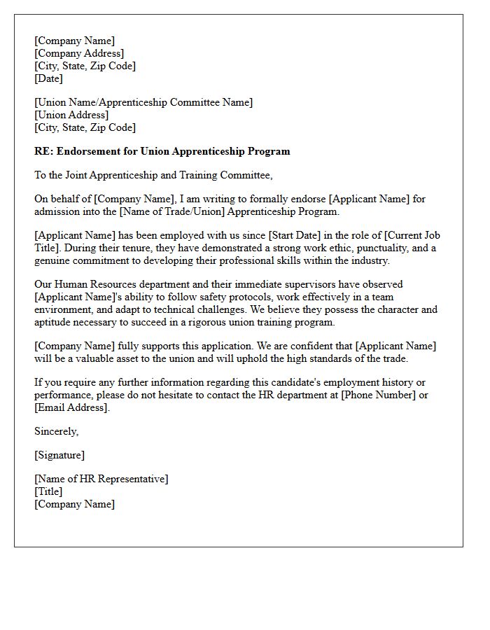 Human Resources Endorsement Letter for Union Apprenticeship Program