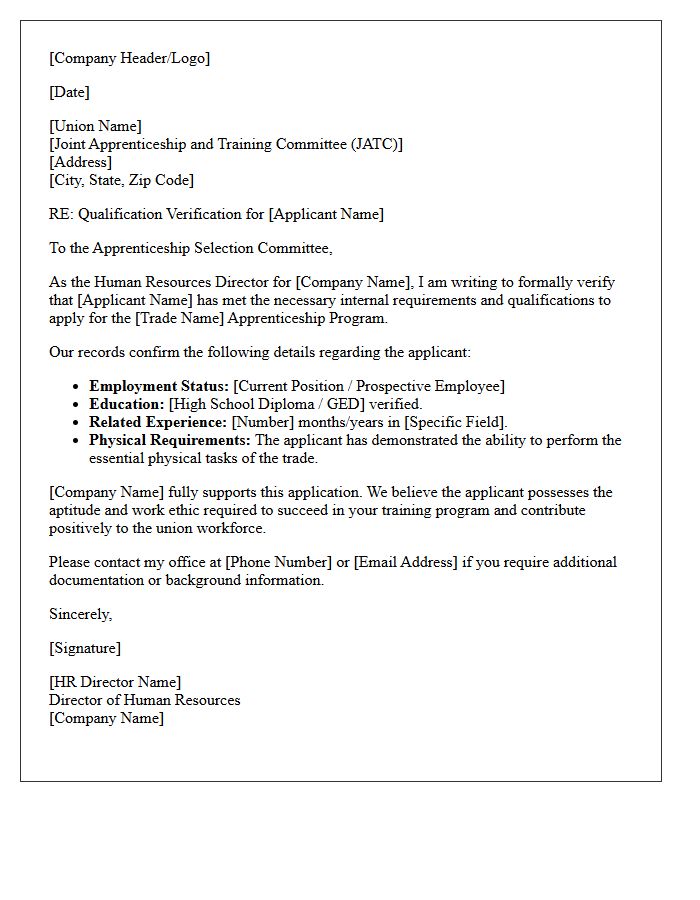 Union Apprenticeship Qualification Letter from Human Resources Director