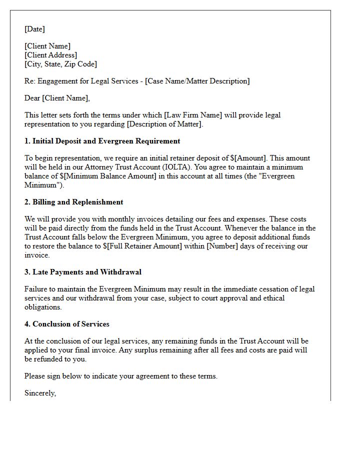 Trust Account Minimum Balance Evergreen Retainer Engagement Letter