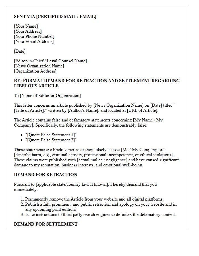 News Article Libel Retraction and Settlement Demand Letter