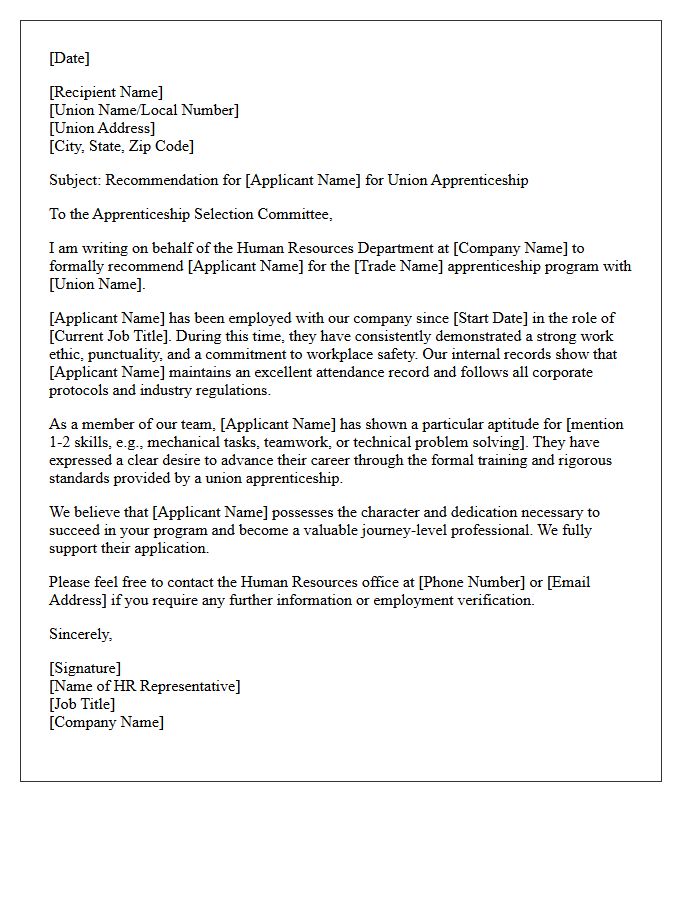 Corporate Human Resources Recommendation Letter for Union Apprentice