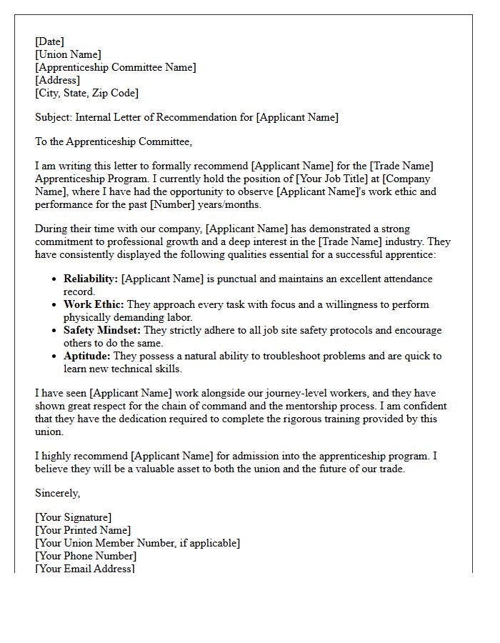 Internal Employee Recommendation Letter for Union Apprenticeship