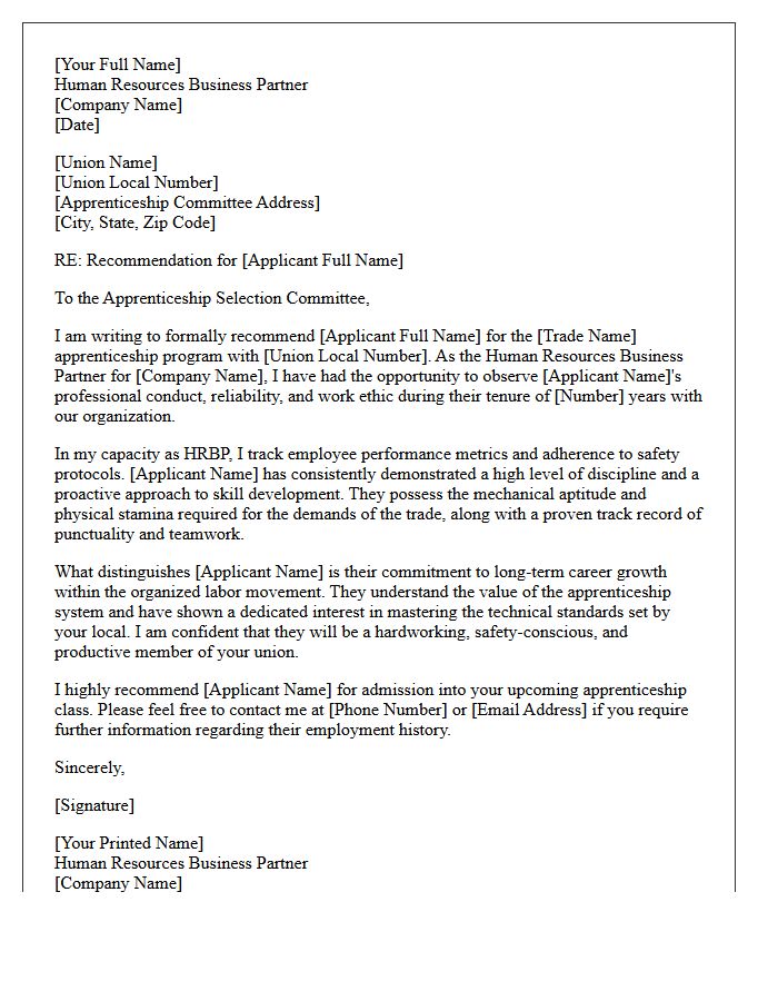 Human Resources Business Partner Recommendation Letter for Union Apprenticeship