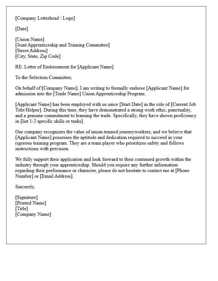 Company Endorsement Letter for Union Apprenticeship Application