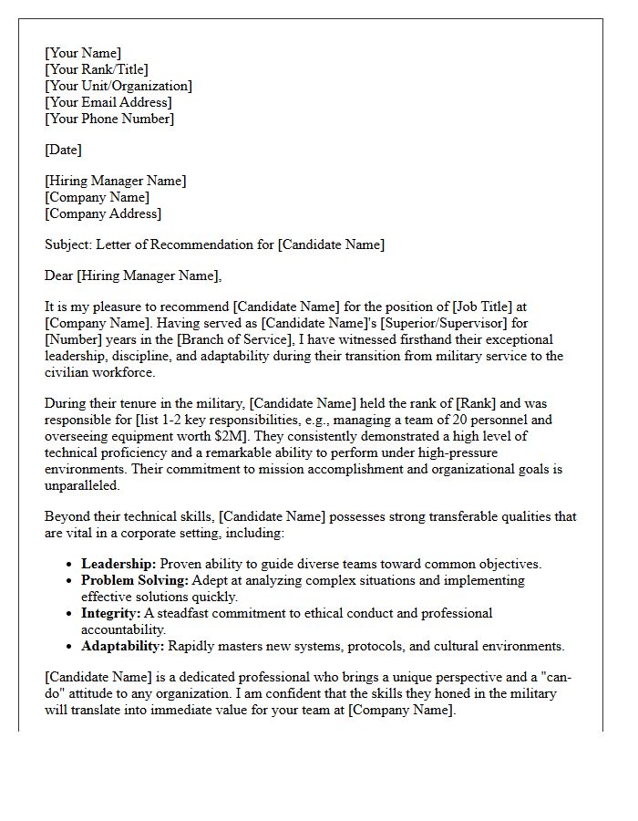 Human Resources Manager Military to Civilian Transition Recommendation Letter