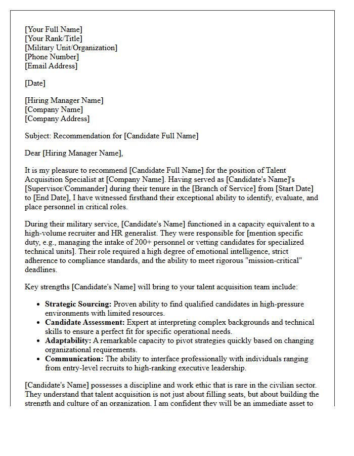 Talent Acquisition Specialist Military to Civilian Recommendation Letter