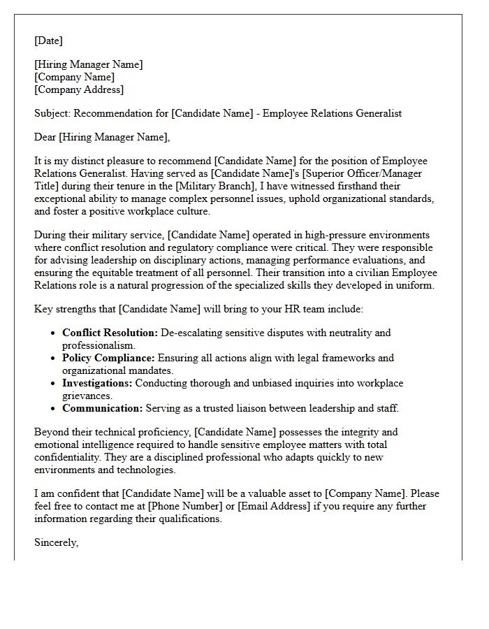 Employee Relations Generalist Military Transition Recommendation Letter