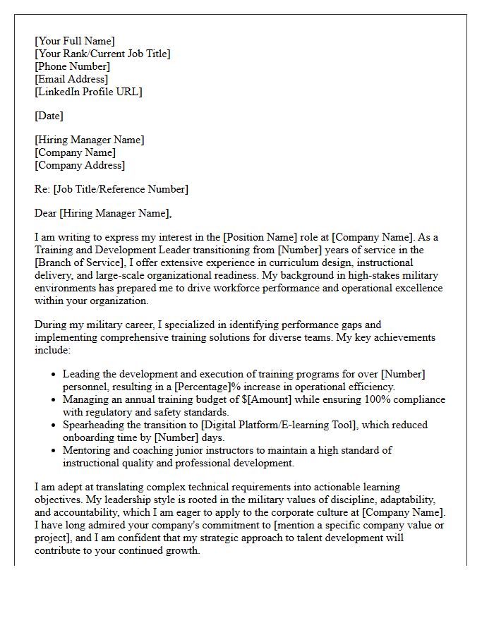Training and Development Leader Military to Civilian Transition Letter