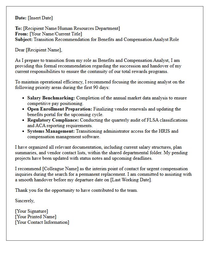 Benefits and Compensation Analyst Transition Recommendation Letter