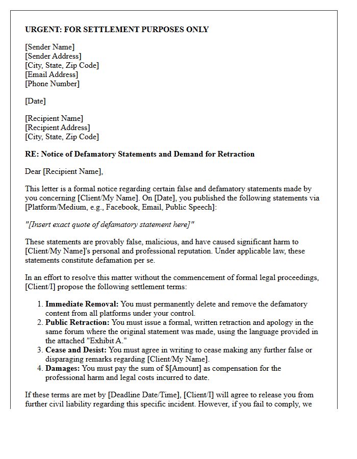 Defamatory Statement Retraction and Pre-Litigation Settlement Letter