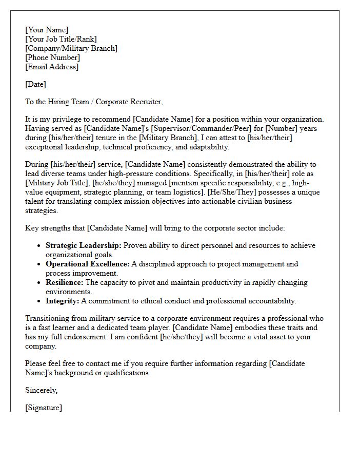Corporate Recruiter Military to Civilian Transition Recommendation Letter