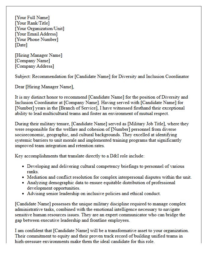 Diversity and Inclusion Coordinator Military Transition Recommendation Letter