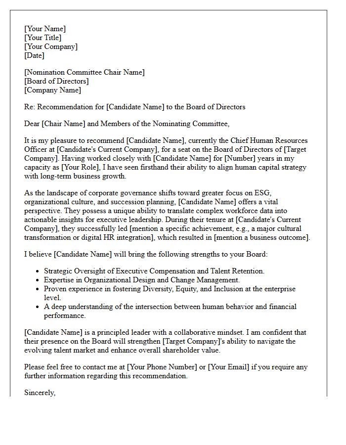 Recommendation Letter for Chief Human Resources Officer Board Nominee
