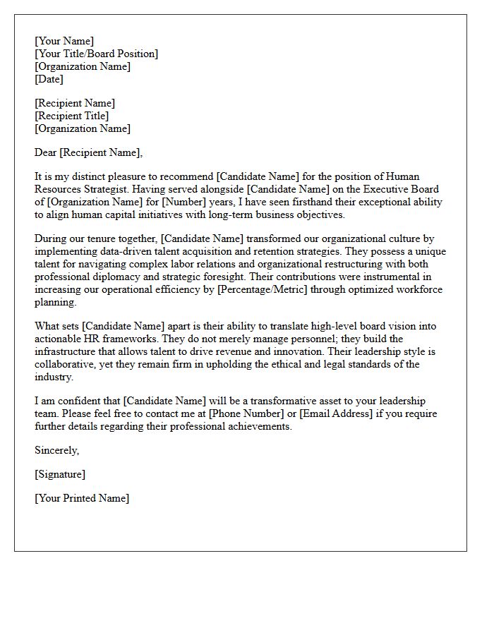 Executive Board Member Recommendation Letter for Human Resources Strategist