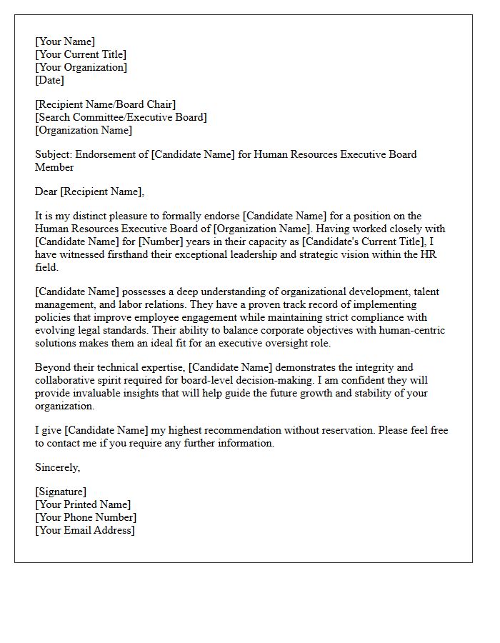 Endorsement Letter for Human Resources Executive Board Member Position