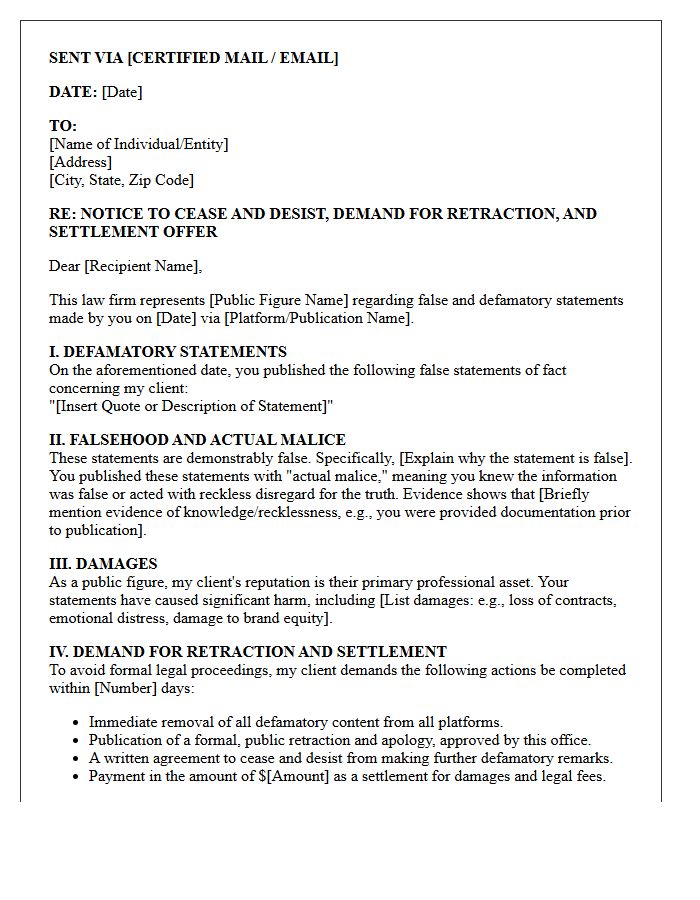 Public Figure Defamation Retraction and Settlement Demand Letter