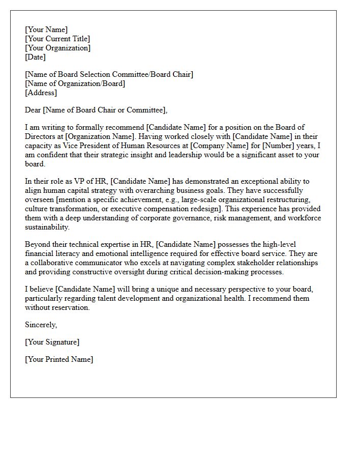 Recommendation Letter for Vice President of Human Resources Board Appointment