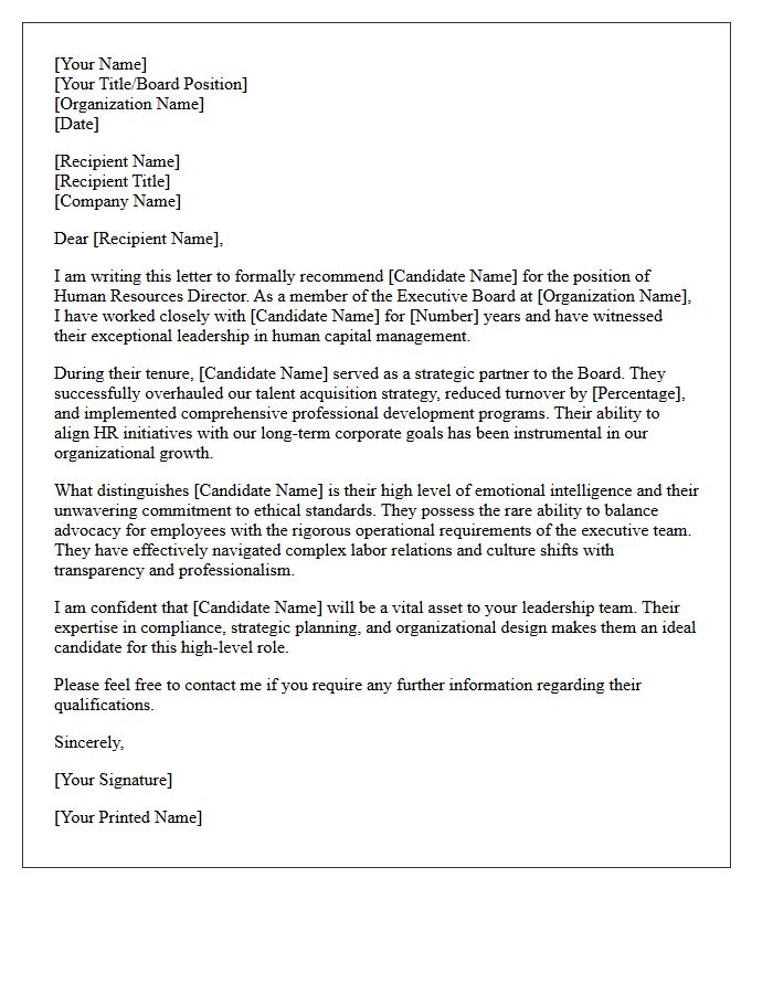 Executive Board Member Recommendation Letter for Human Resources Director