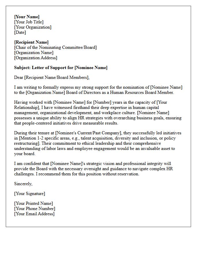 Letter of Support for Human Resources Board Member Nominee