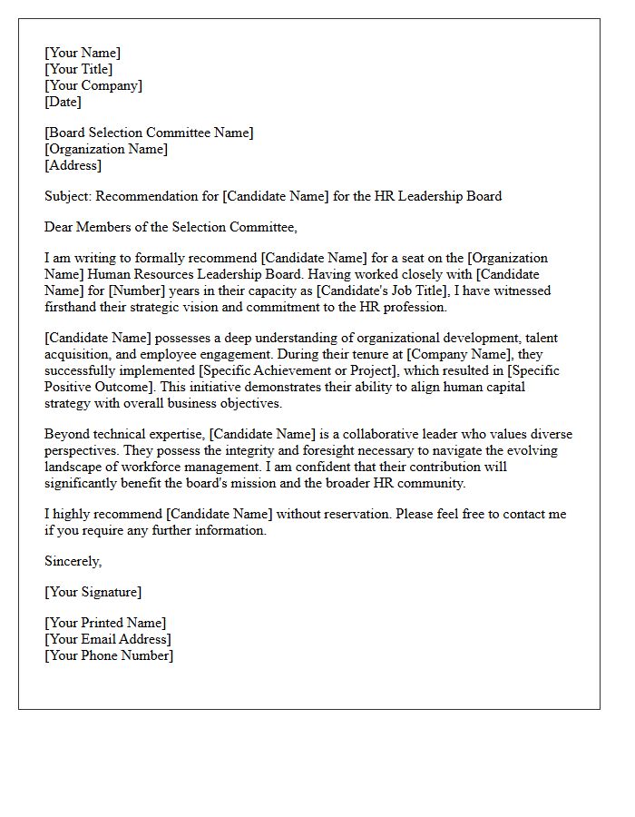 Human Resources Leadership Board Member Recommendation Letter