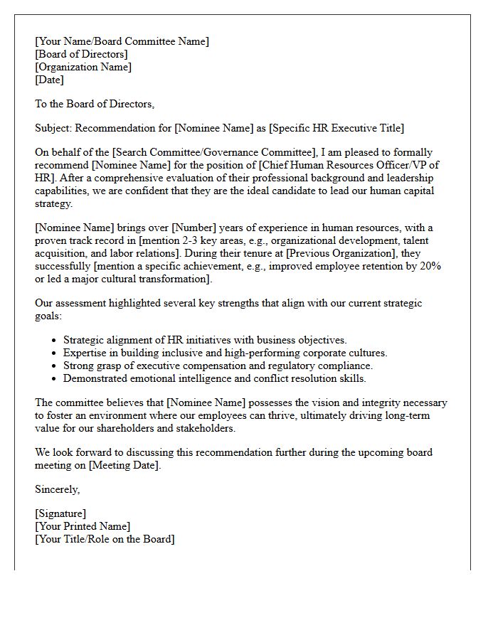 Board Recommendation Letter for Human Resources Executive Nominee