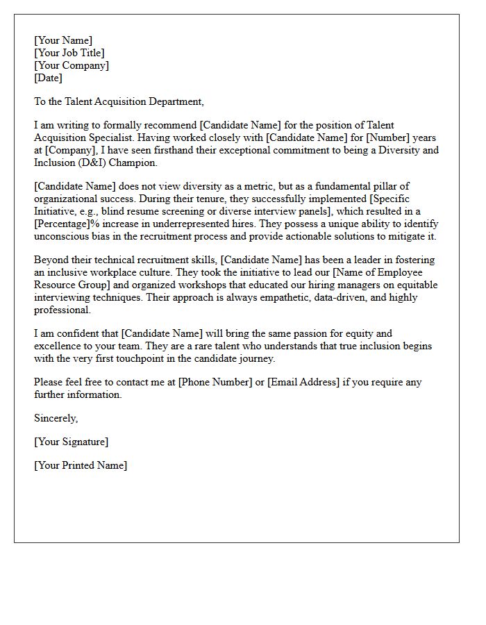 Diversity and Inclusion Champion Recommendation Letter for Talent Acquisition Specialist