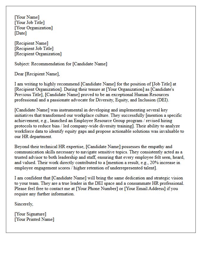 Human Resources Recommendation Letter for Diversity and Inclusion Advocate
