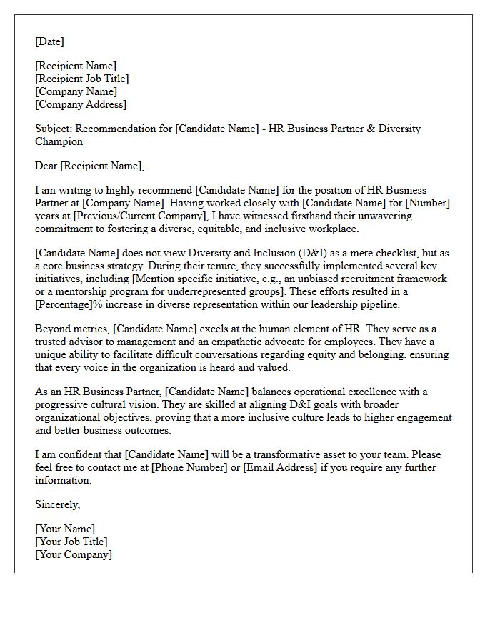 Diversity and Inclusion Champion Recommendation Letter for HR Business Partner