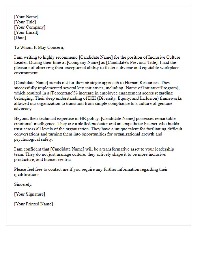 Recommendation Letter for Inclusive Culture Leader in Human Resources