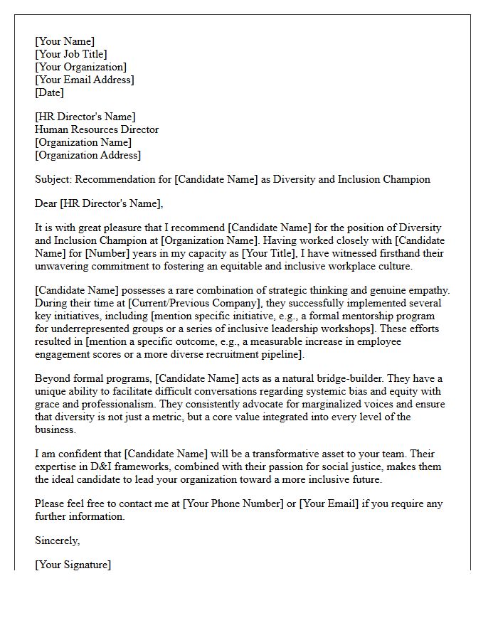 Diversity and Inclusion Champion Recommendation Letter for Human Resources Director