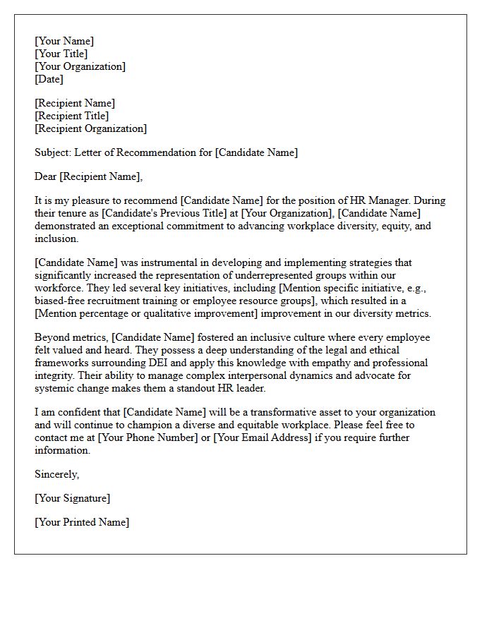 Recommendation Letter for HR Manager Advancing Workplace Diversity