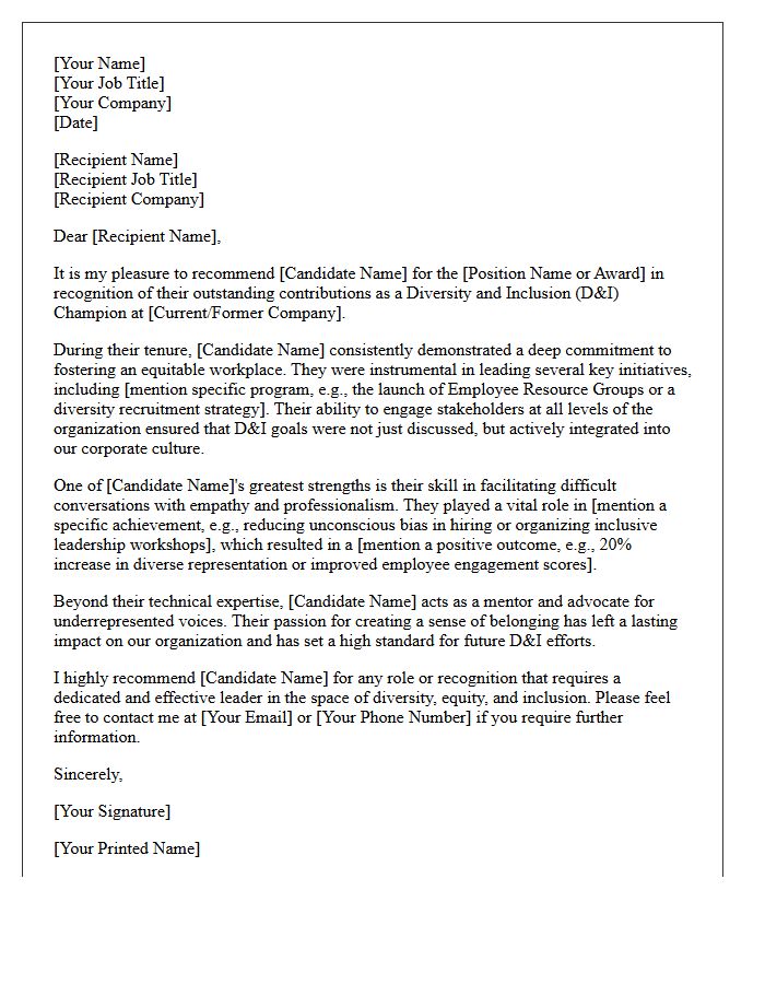 Corporate Diversity and Inclusion Champion Recommendation Letter