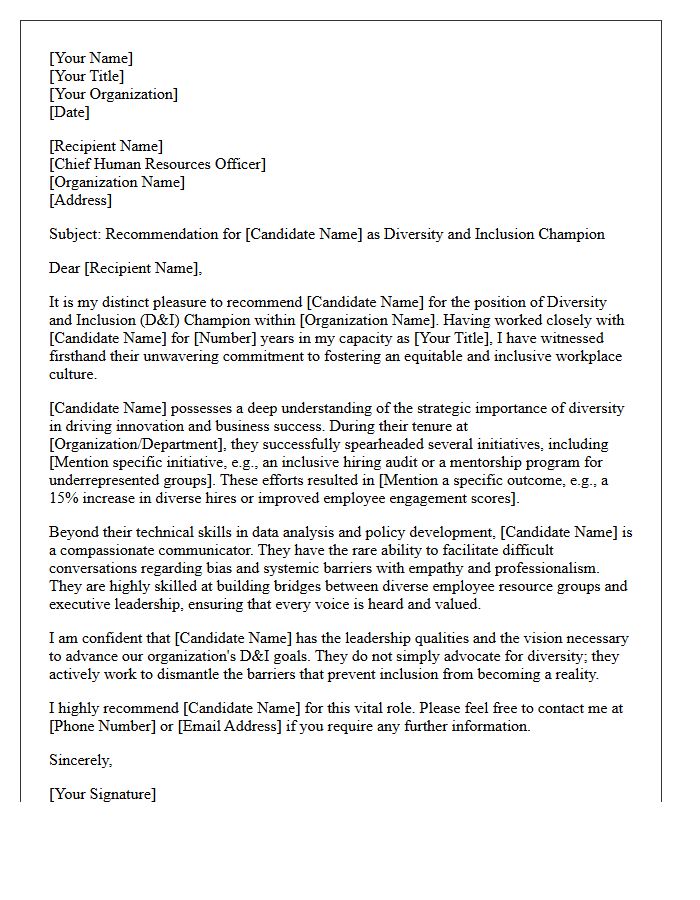 Diversity and Inclusion Champion Recommendation Letter for Chief Human Resources Officer