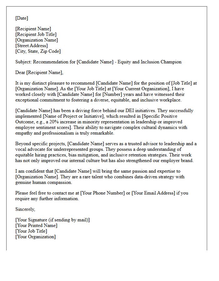 Human Resources Recommendation Letter for Equity and Inclusion Champion