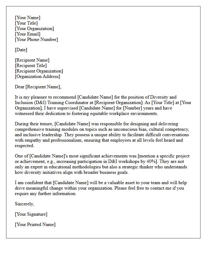 Recommendation Letter for Diversity and Inclusion Training Coordinator