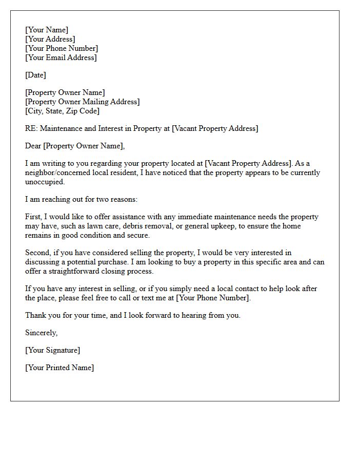 Vacant Property Maintenance and Sale Letter