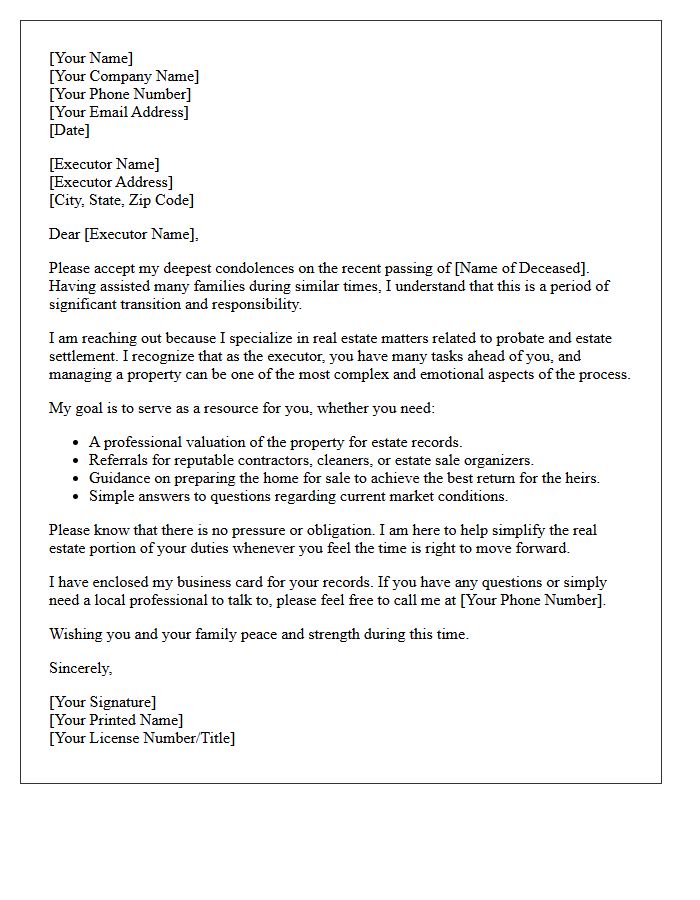 Compassionate Real Estate Probate Executor Introduction Letter