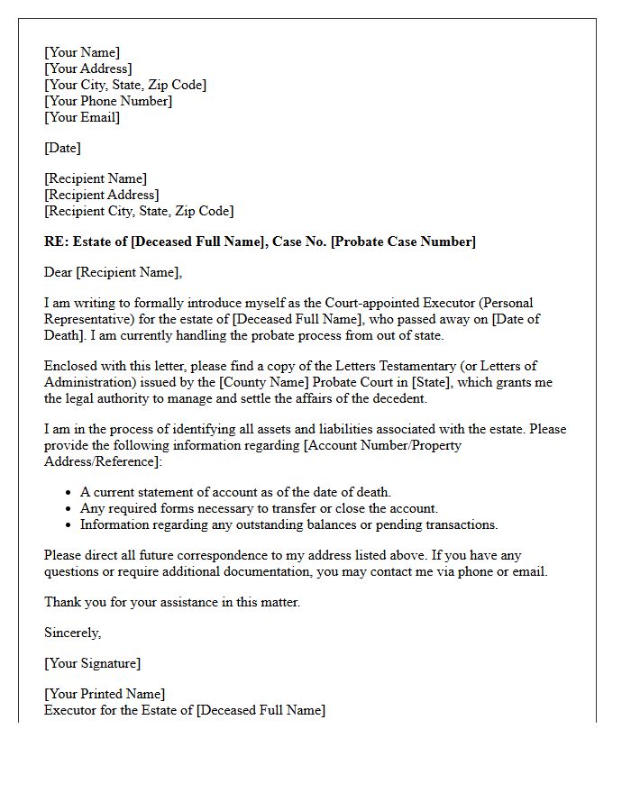 Out Of State Probate Estate Executor Introduction Letter