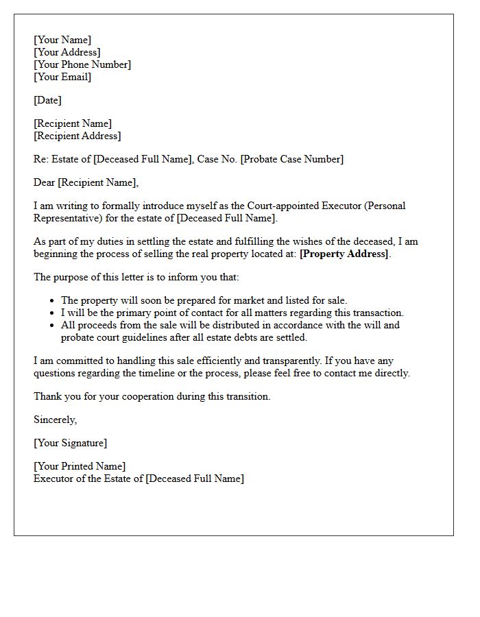 Inherited Property Sales Probate Estate Executor Introduction Letter