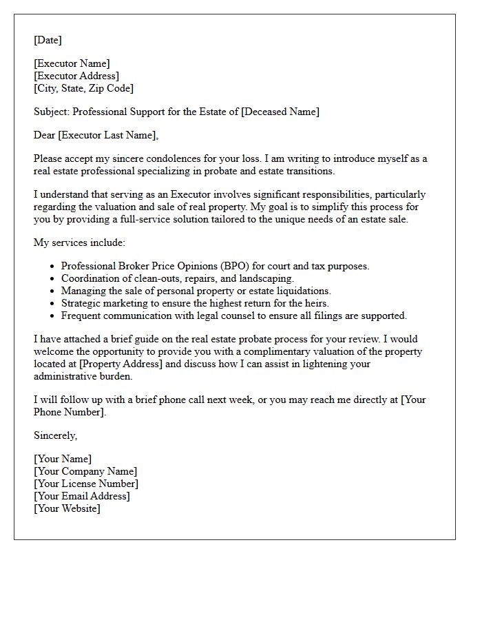 Full Service Real Estate Probate Estate Executor Introduction Letter