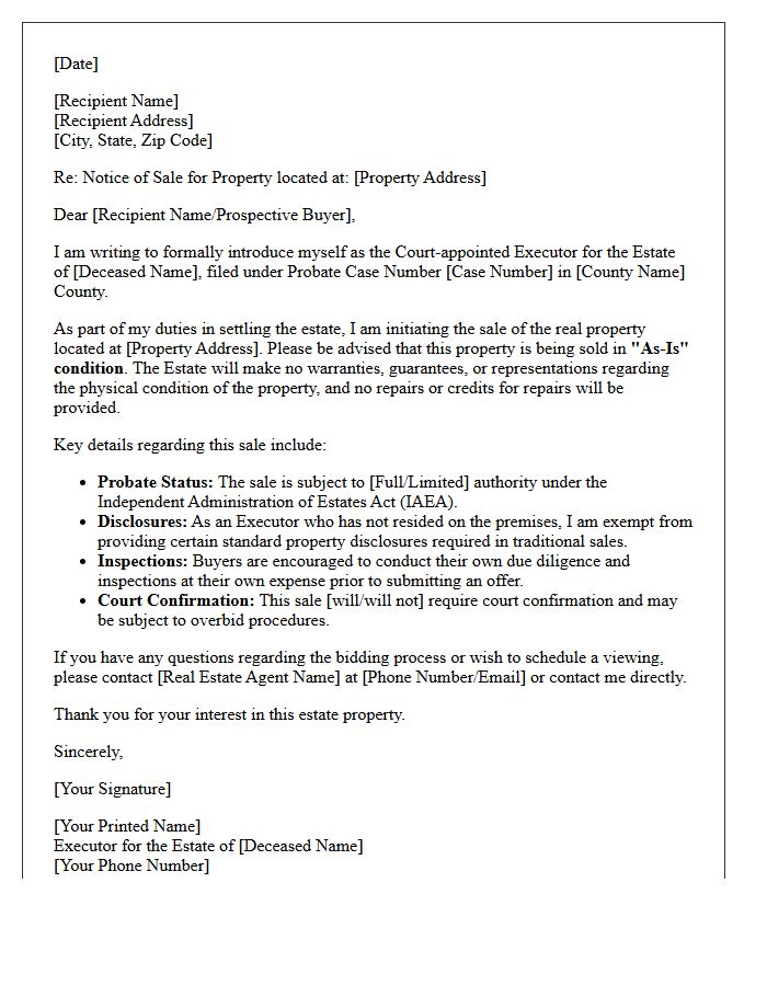 As Is Property Sale Probate Estate Executor Introduction Letter