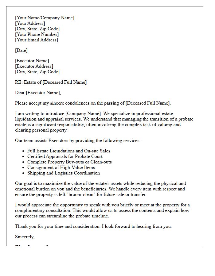 Estate Liquidation Services Probate Estate Executor Introduction Letter