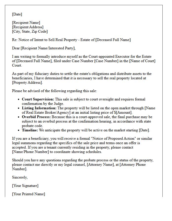Court Approved Sale Probate Estate Executor Introduction Letter