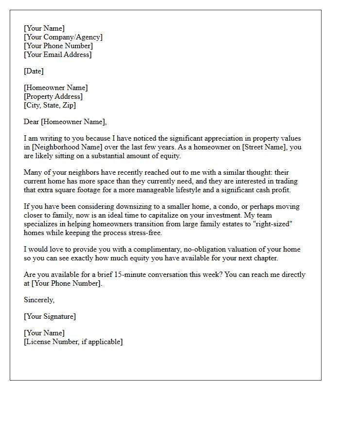High Equity Empty Nester Downsizing Letter